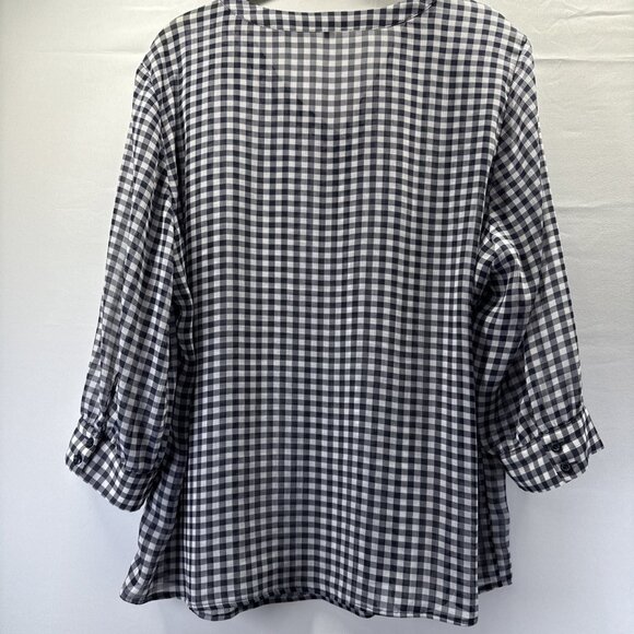 Talbots Women's Top Plus 1X Navy Blue White Check 3/4 Sleeves Semi Sheer Popover - Picture 2 of 9